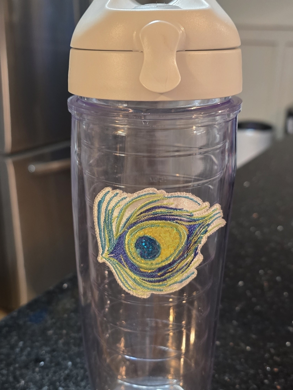 tervis Clear Tumbler with Peacock Feather Patch and Cream Lid